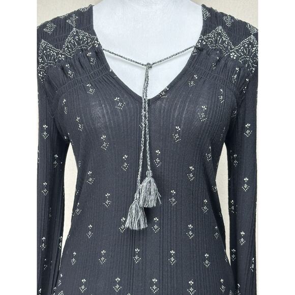 Lucky Brand Top Womens S Black Geometric Tie V-Neck Viscose Boho Peasant Blouse - Picture 2 of 16